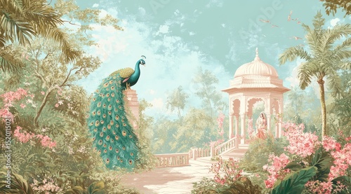 An Indian garden scene with an ornate peacock, a woman in traditional attire standing near the palace walls, and lush greenery.