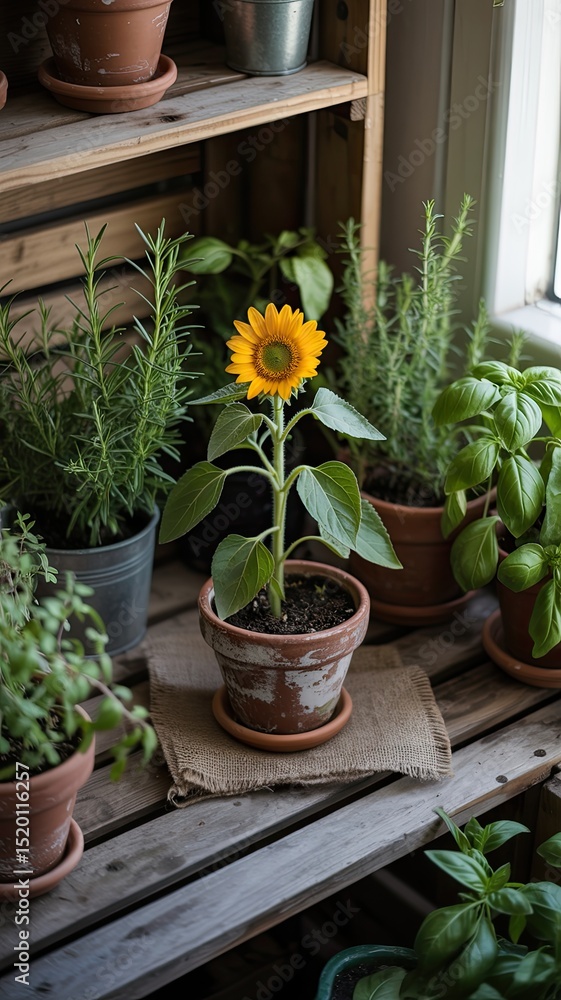 A young sunflower in a terracotta pot surrounded by lush herbs growing indoors on wooden shelves creating a serene and natural still life A young sunflower in a terracotta pot surrounded by lush herbs growing indoors on wooden shelves creating a serene and natural still life