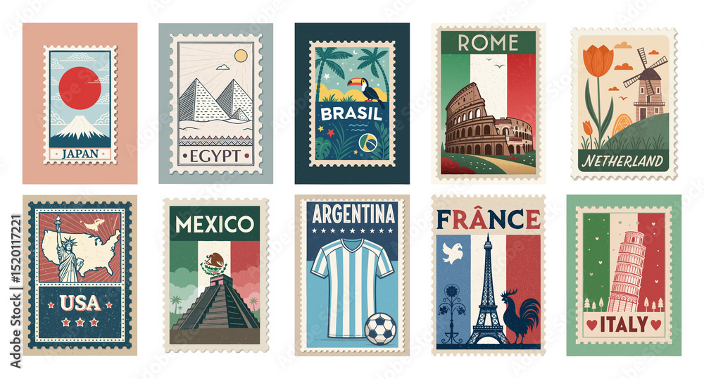 Travel Design Elements. Set of Vibrant Vector Stamps Showcasing International Cities & Symbols Travel Design Elements. Set of Vibrant Vector Stamps Showcasing International Cities & Symbols