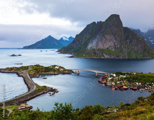 Serene fjord landscape with bridge. 