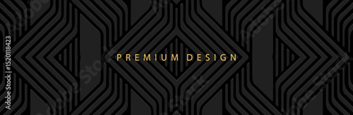 Banner, cover. Premium design. Geometric ethnic abstract 3D pattern on a black background, art deco. Relief ornaments, arabesques, mandala, fresco, painting of the East, Asia, India, Mexico, Aztec.
