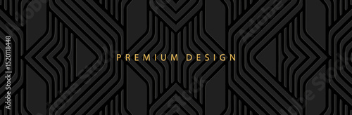 Banner, cover. Premium design. Geometric ethnic decorative 3D pattern on a black background, art deco. Relief ornaments, arabesques, mandala, fresco, painting of the East, Asia, India, Mexico, Aztec, 