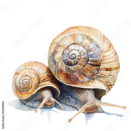 watercolor of A Mother Snail With Her Kid, vector high quality, isolated on a white background.
