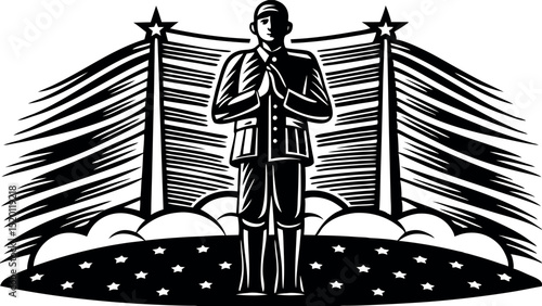 Military tribute with US flag and faith - Silhouette on white background

