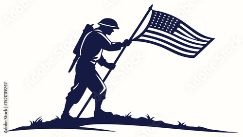 Military tribute with US flag and faith - Silhouette on white background

