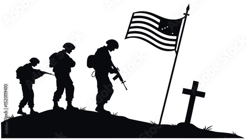 Military tribute with US flag and faith - Silhouette on white background

