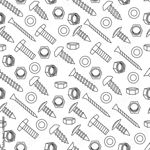 Seamless pattern featuring hand-drawn screws, nuts, and washers in black outline style. Perfect for coloring pages, tool-themed fabric prints, and mechanical or DIY designs.