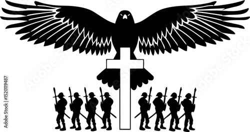 Military tribute with US flag and faith - Silhouette on white background

