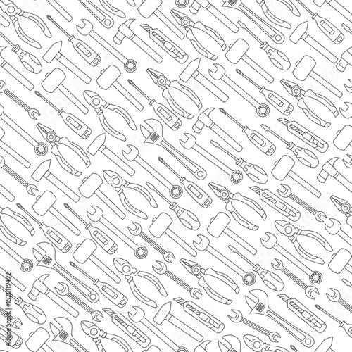 Seamless black outline pattern featuring various hand tools including pliers, screwdrivers, hammers, utility knives, and wrenches. Perfect for fabric, wallpaper, or DIY-themed coloring pages.