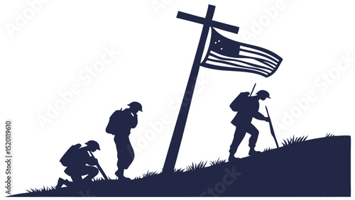 Military tribute with US flag and faith - Silhouette on white background

