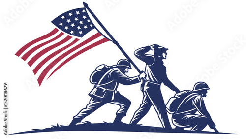 Military tribute with US flag and faith - Silhouette on white background

