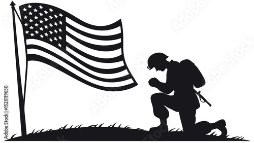 Military tribute with US flag and faith - Silhouette on white background

