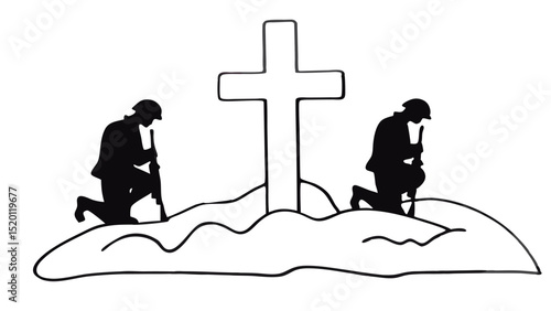 Military tribute with US flag and faith - Silhouette on white background

