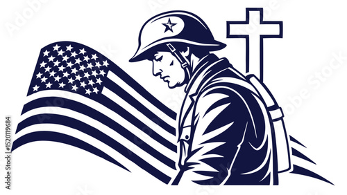 Military tribute with US flag and faith - Silhouette on white background

