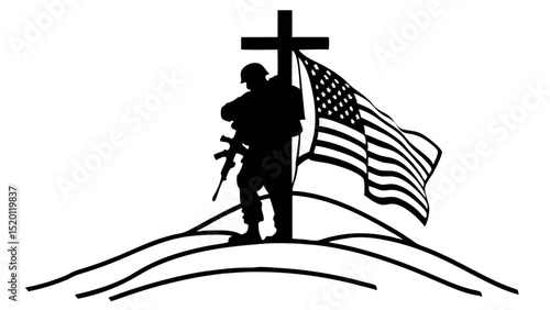 Military tribute with US flag and faith - Silhouette on white background

