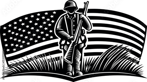 Military tribute with US flag and faith - Silhouette on white background

