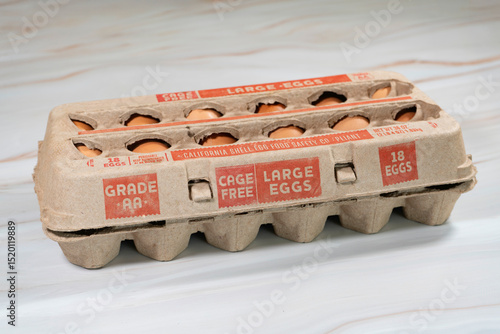 Brown cage-free chicken eggs in carton, close up