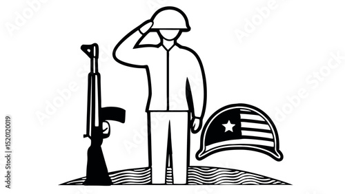 Military tribute with US flag and faith - Silhouette on white background

