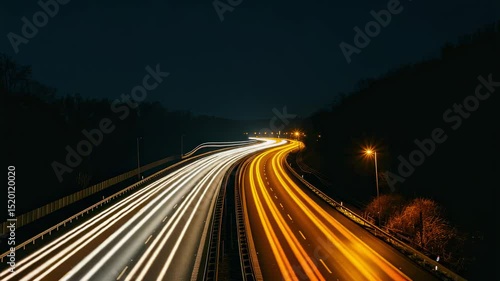 Nighttime highway with light trails from passing cars