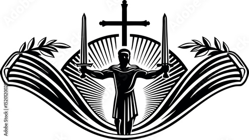 Military tribute with US flag and faith - Silhouette on white background

