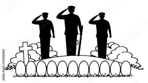 Military tribute with US flag and faith - Silhouette on white background

