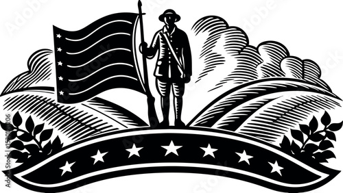 Military tribute with US flag and faith - Silhouette on white background

