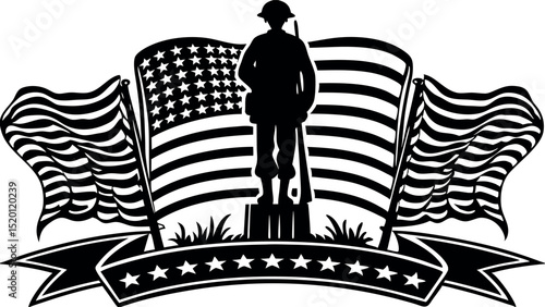 Military tribute with US flag and faith - Silhouette on white background

