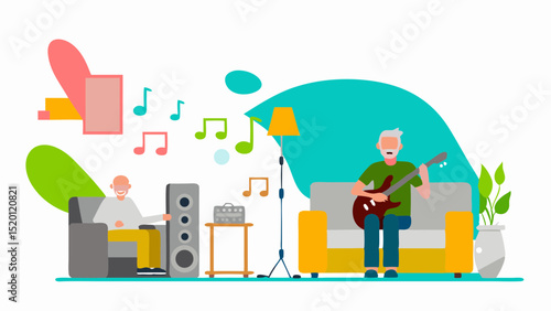 Senior Man Playing Guitar at Home Music Retirement Hobby Musician Relaxation Joyful Guitarist Couch Lifestyle