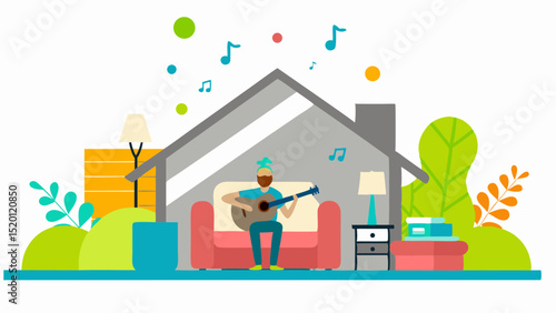 Home Musician Serenity Man Playing Guitar Calm Interior Cozy Living Music Notes Relaxing House Modern Couch