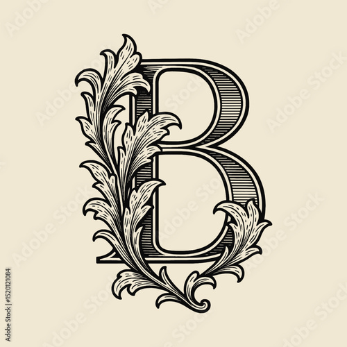 Floral ornamental letter B vintage engraving vector illustration