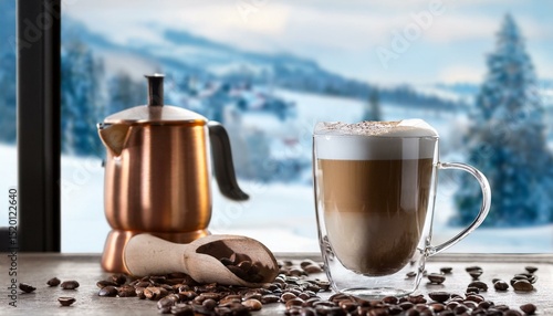 A glass of coffee in front of a window with a view of the snow