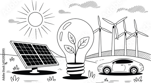 Eco Energy Line Art Set, Renewable Power, Solar, Wind, and Electric Vehicle Illustration.

