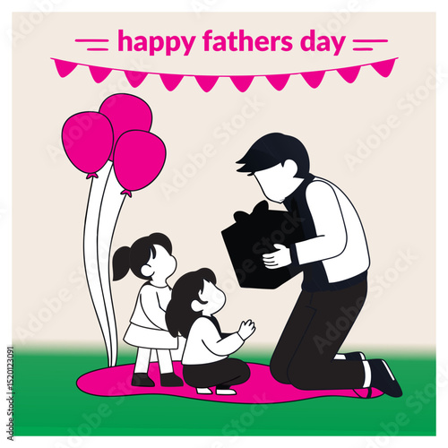 Happy Fathers Day Father and carrying son on shoulders Father's day Father and daughter enjoying nature Father and son having fun together Fathers  Day Illustration. Beautiful Springtime Illustration