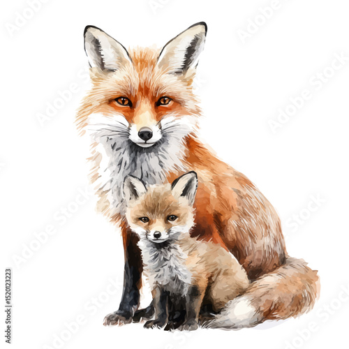 A Mother Red Fox With Her Kid, watercolor clipart vector, high quality, isolated on a white background.