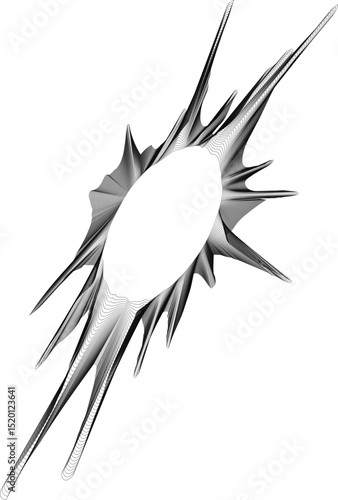 Form with a central void and sharp, blast-like pointed rays projecting in irregular directions.