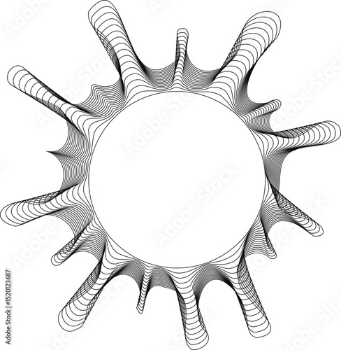 Rounded abstract shape with thick blobby extensions radiating around a hollow circle.