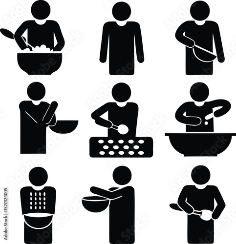 Silhouette icon set of cooking preparation steps featuring chefs mixing, stirring, grating, and kneading, ideal for recipe guides, cooking tutorials, kitchen manuals, or culinary infographic visuals