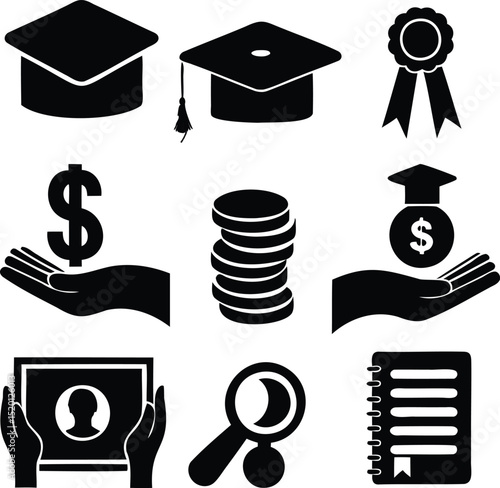 Vector silhouette set of student and educational aid icons including graduation cap, money hand, medal, magnifying glass, coins, and notebook, ideal for academic success, scholarship, and study design