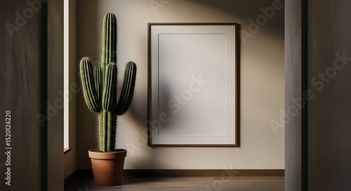 A cactus plant in a terracotta pot stands next to a framed artwork on a beige wall within an interior architectural space. The composition is bathed in natural light.