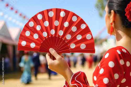 Woman in traditional red flamenco dress holding a matching red polka dot fan during the vibrant Seville april fair