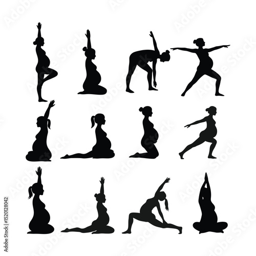 Pregnancy Yoga Silhouette Bundle | Maternity Fitness Poses Clipart | Prenatal Meditation Collection  vector  Set with white background .