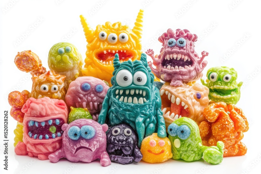 Colorful and Grotesque Monster Toys Grouped Together on a White Background Colorful and Grotesque Monster Toys Grouped Together on a White Background