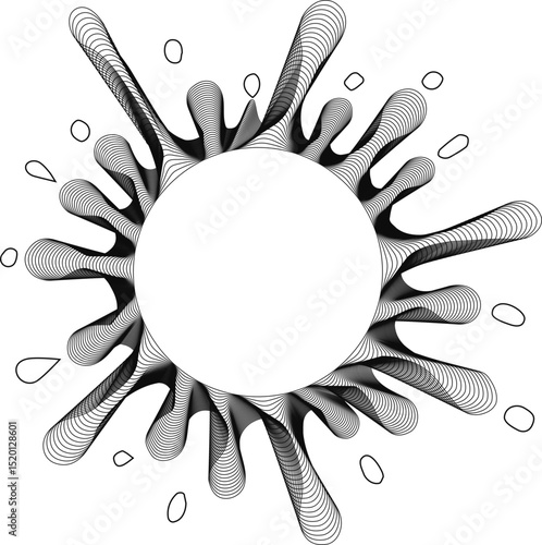 Radial star-shaped splash with hollow center featuring sharp pointed rays with fine line detail and concentric layering producing geometric radial patterns.