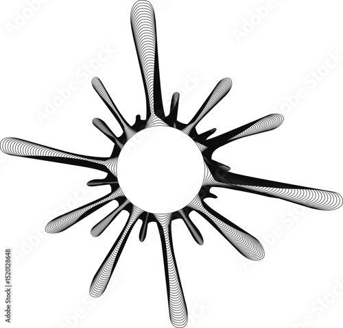 Radial form with hollow center containing spatter drops and splash elements arranged with layered textures and fine lines producing dynamic organic radial shapes.
