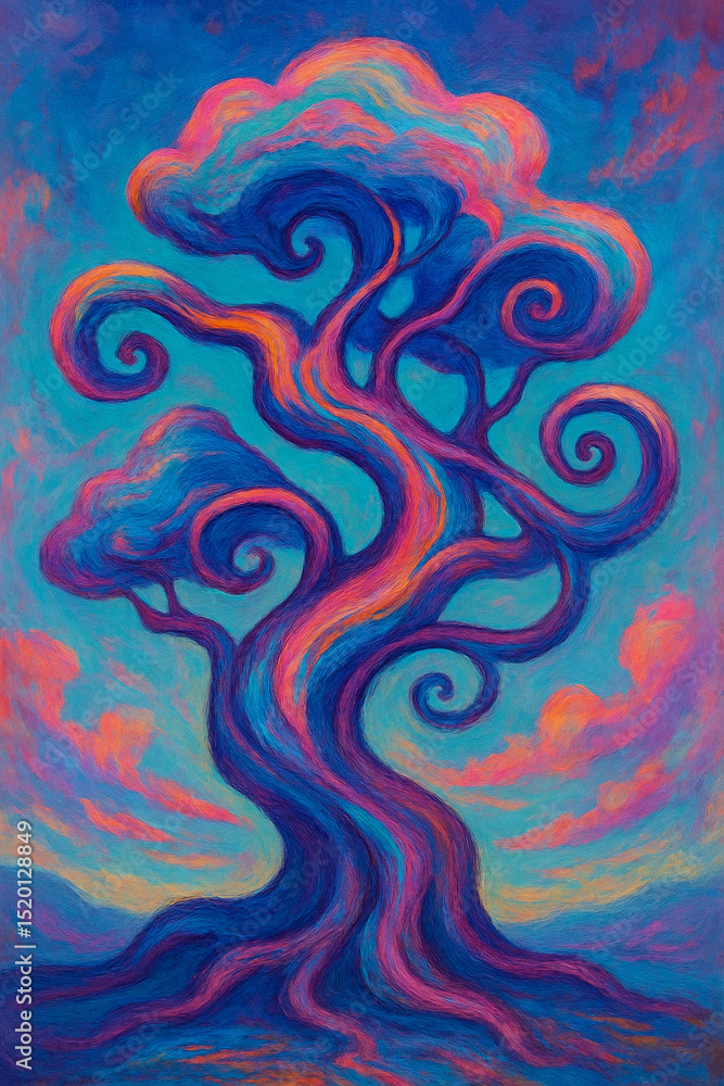 Fantasy Swirl Tree with Neon Colors on Vibrant Dreamscape Background
Fantasy Swirl Tree with Neon Colors on Vibrant Dreamscape Background
