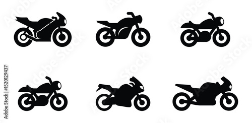 List of different type of motorcycle, bike, and motorbike icon set. Side view of all kind of motorcycle from moped, scooter, roadster, sports, cruiser, touring, scrambler, trial bike, and chopper.