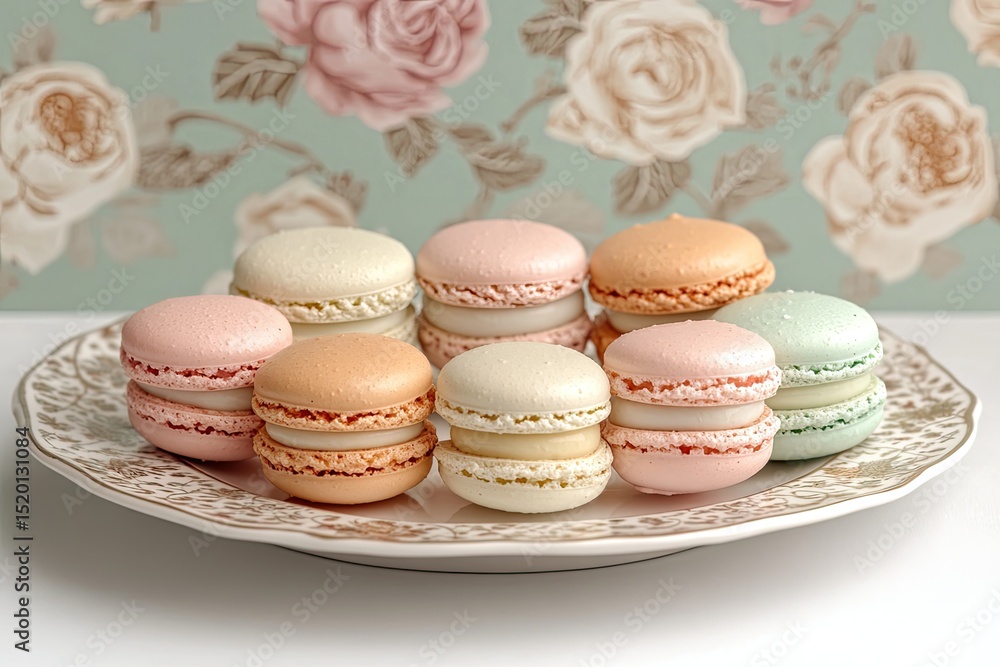 Fototapeta premium Freshly baked macarons in pastel colors, arranged on a delicate porcelain plate.