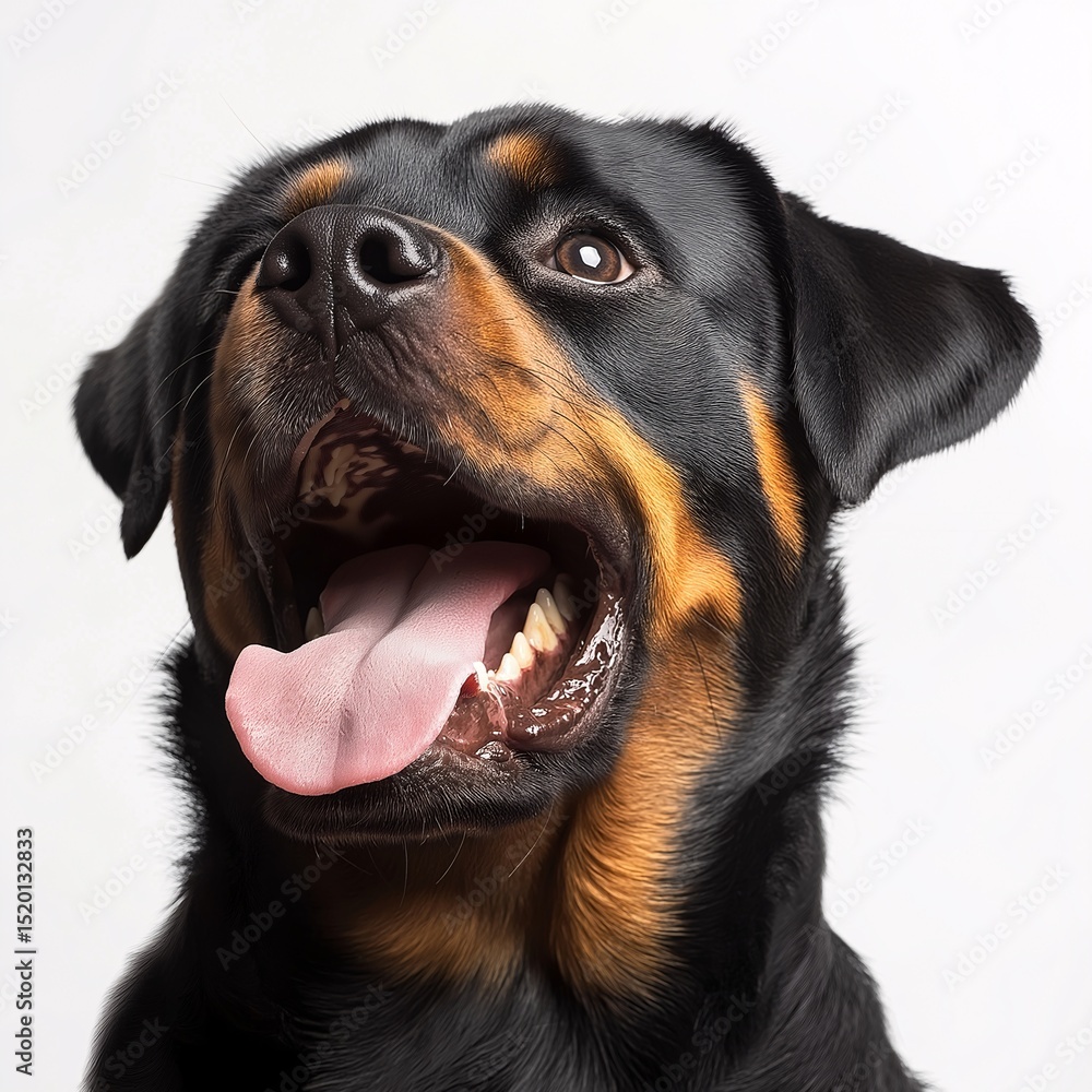 Fototapeta premium Happy Rottweiler Portrait. Smiling Canine Companion with Tongue Out Adorable Family-Friendly Pet