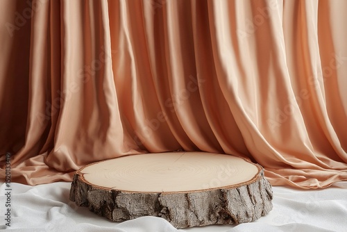 Elegant Rustic Wooden Stump Display. Minimalist Showcase with Satin Drapery for Artistic Home Interiors