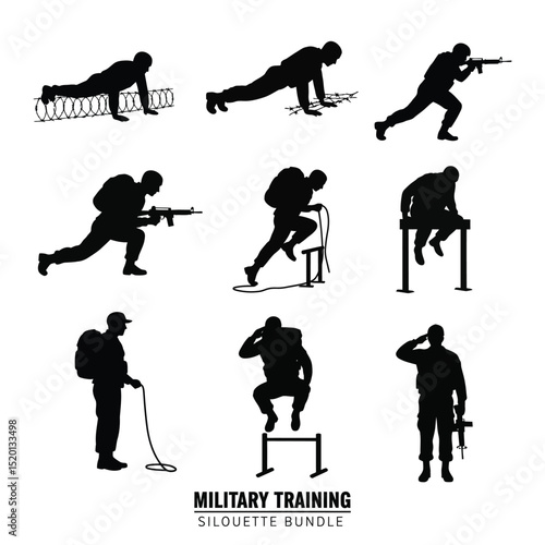 Military Training Silhouette Bundle | Soldier Army Boot Camp Clipart | War Combat Drill  vector   with white background .
